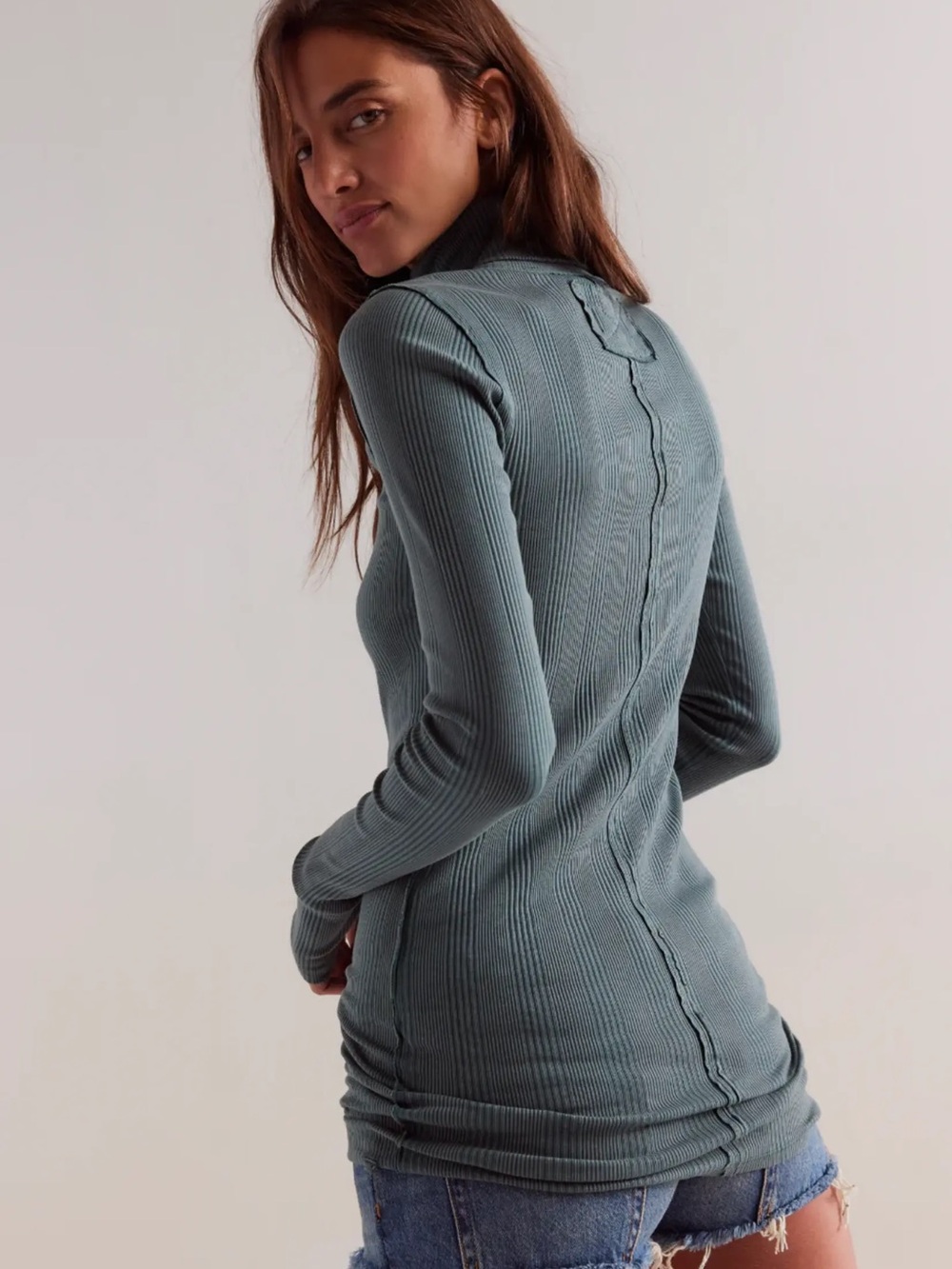 Free People We The Free Brynn Turtleneck Tunic Ribbed Top Teal Green Thumbholes
